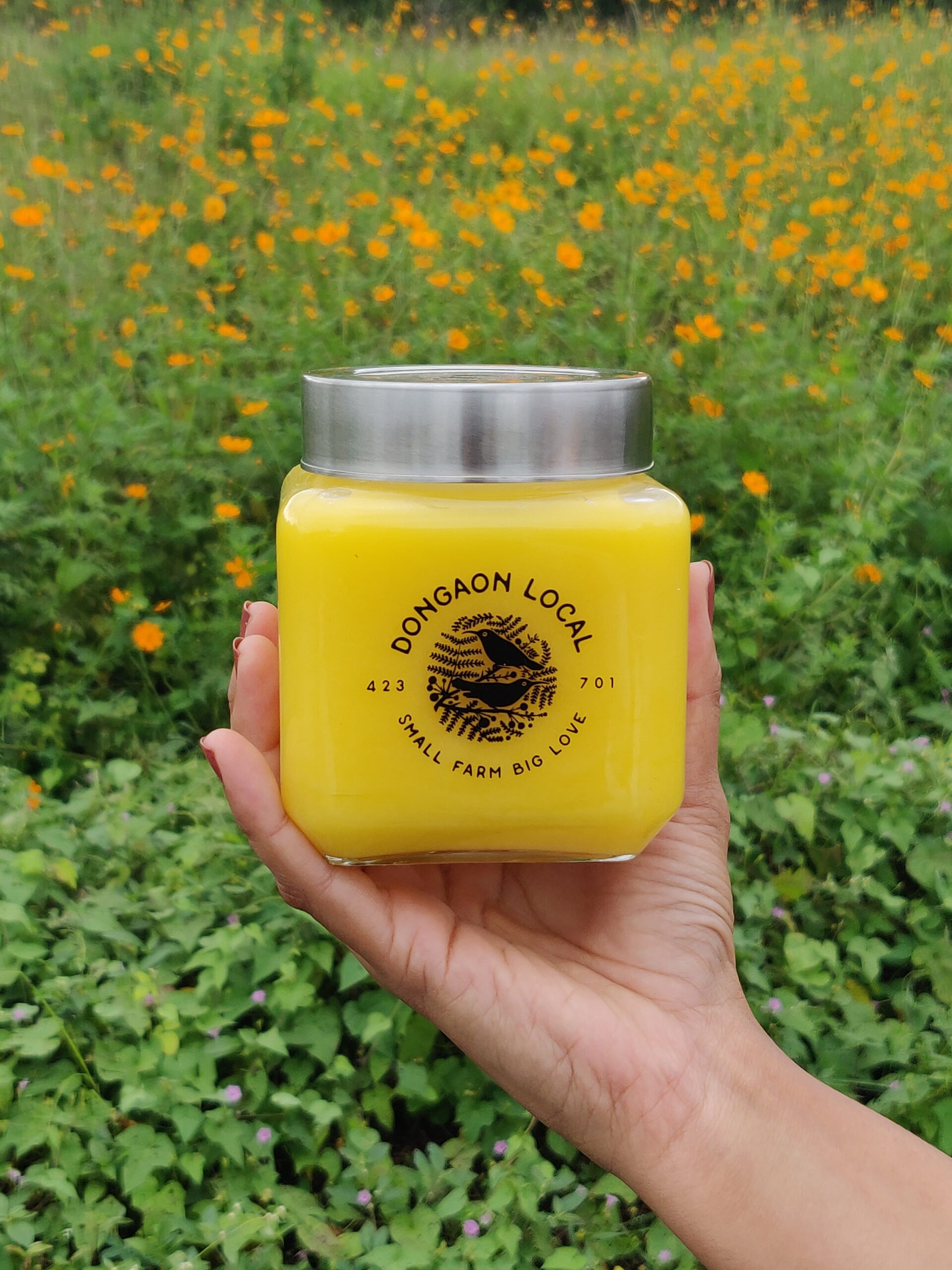 A hand holding Dongaon Local Ghee with a farm in the backdrop. A jar of pure ghee and pure goodness.