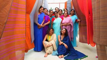 Sujata and Taniya with their family of woman weavers.