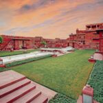 A well-maintained lawn of the royal Fort Pokaran in Pokhran, Rajasthan